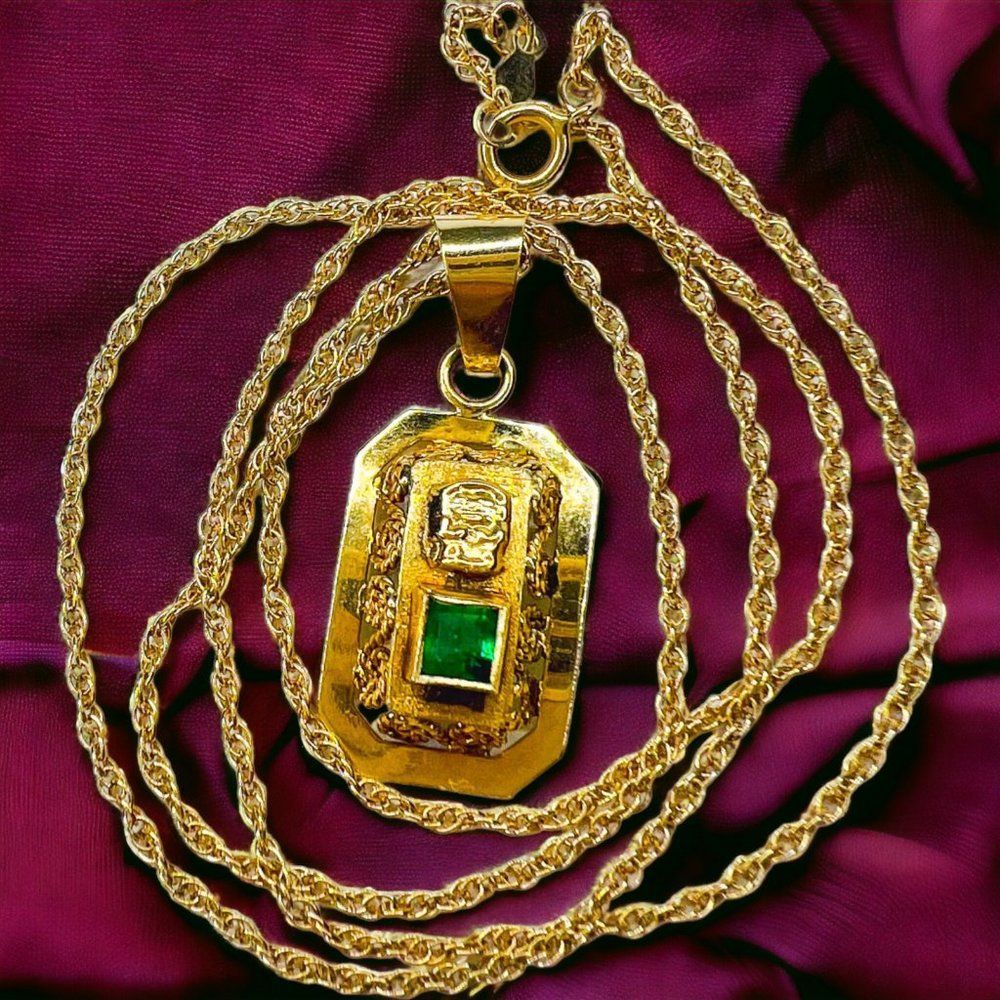 18k Yellow Gold Pre Columbian Tumi Natural Emerald Necklace 18" 3.3g 14k Chain - Picture 2 of 15